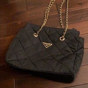 Mosaria Black Quilted Nylon Bag w/ Chain Strap